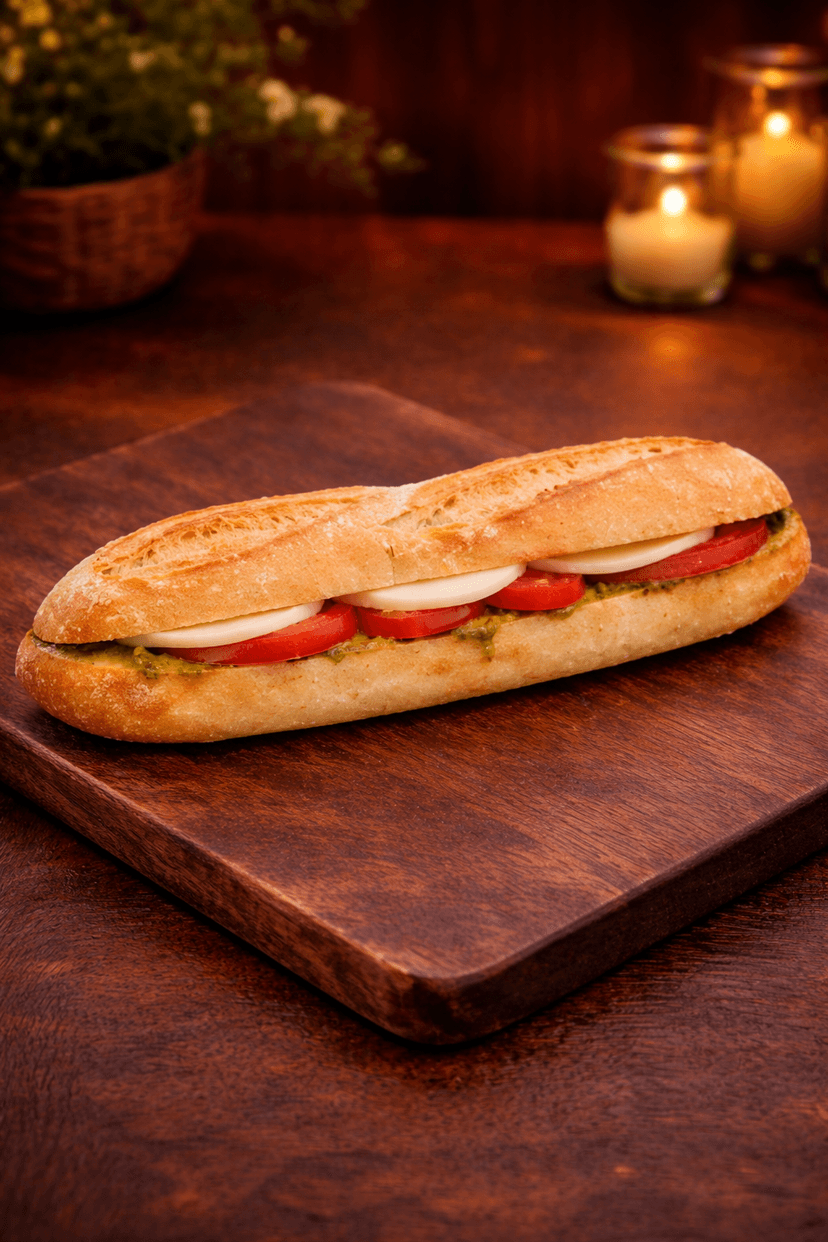 Baguette sandwich with tomato, mozzarella, and pesto