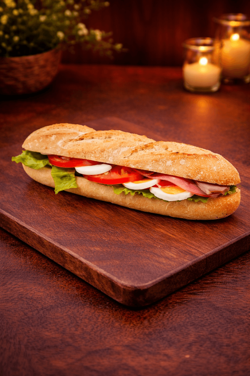 Baguette Sandwich with Egg, Ham and Fresh Salad