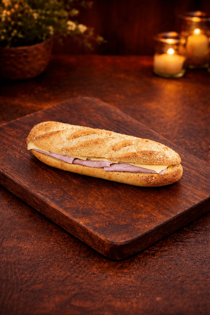 Baguette sandwich with ham and Emmental cheese
